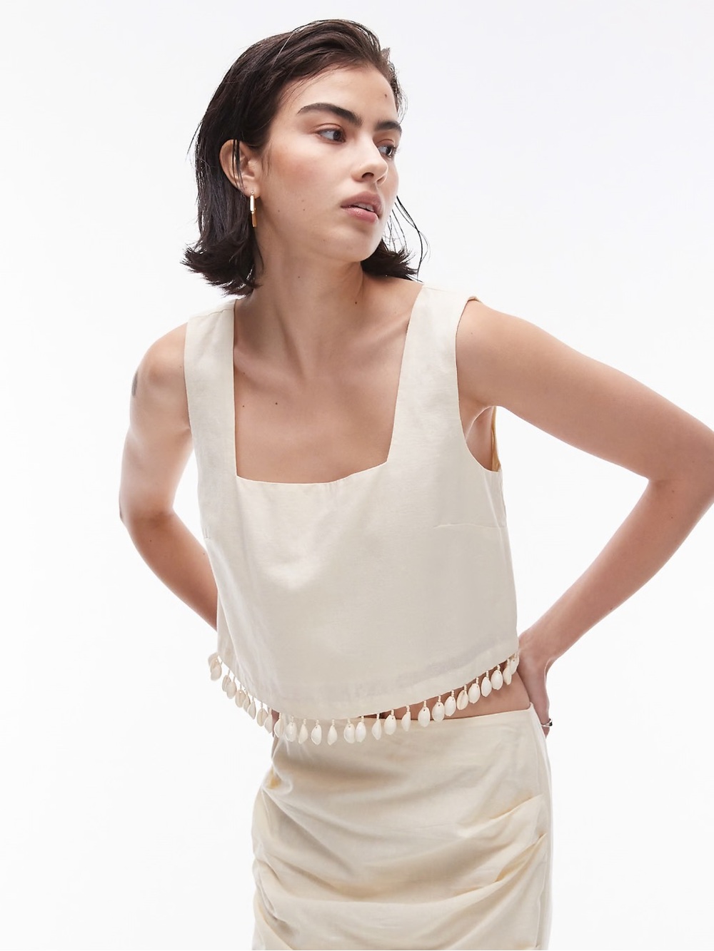 Topshop shell trim square neck crop top in buttermilk